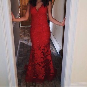 Red Jovani Lace Long Prom Dress